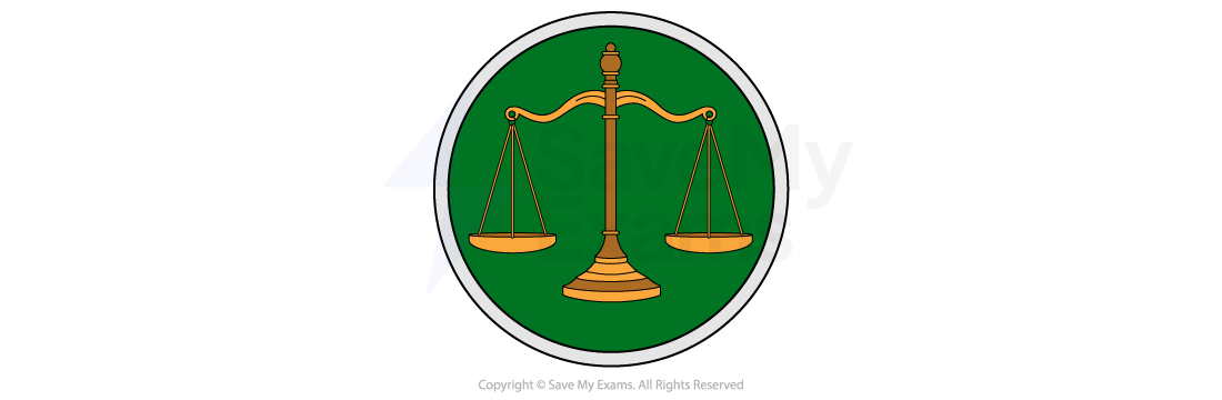 Gold balance scales icon on a green circular background, symbolising fairness and justice, with evenly hanging pans on a central upright stand