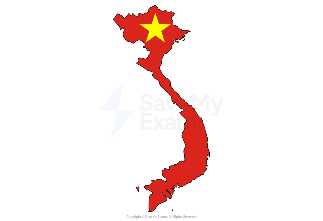 Red silhouette map of Vietnam with a yellow five-pointed star in the south-east, outlined in white on a plain white background