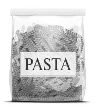 Clear plastic bag filled with spiral pasta, labelled PASTA in large black letters on a white rectangular label on the front