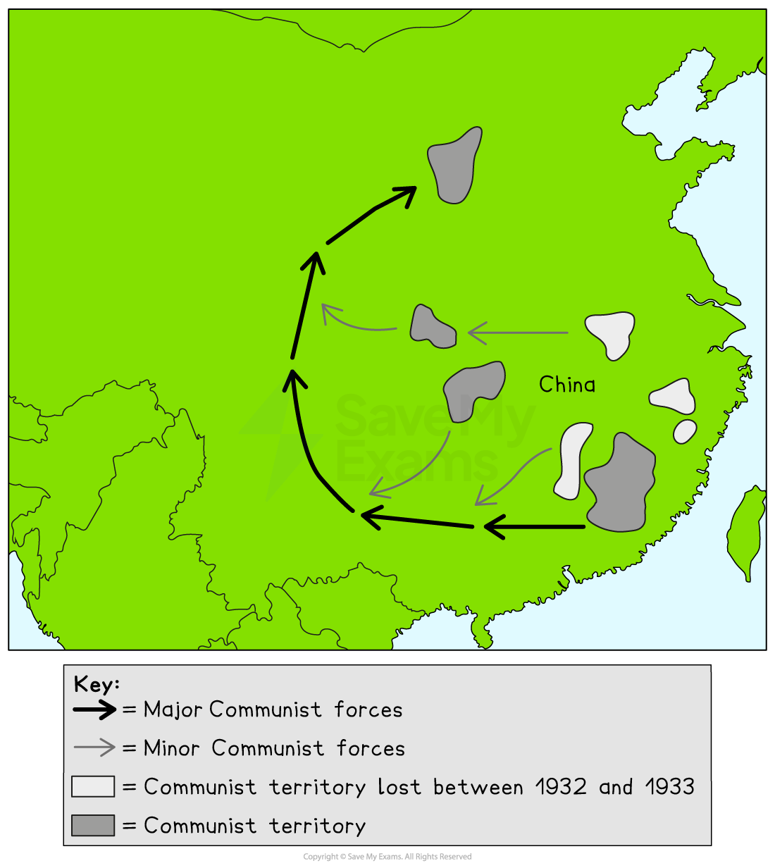 Map of China showing Communist territories, areas lost 1932–33, and arrows tracing major and minor Communist forces’ Long March route across the country.