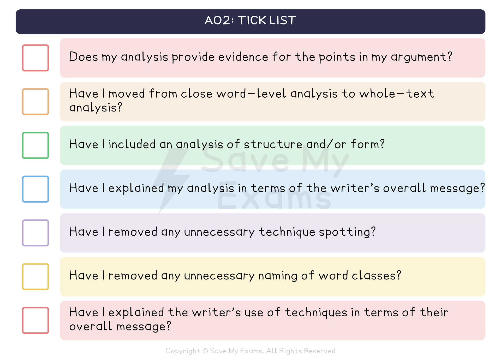 AO2 tick list for the AQA GCSE English Literature essay (analysing the writer's craft), with a tick box beside each question: Does my analysis provide evidence for the points in my argument? Have I moved from close word-level analysis to whole-text analysis? Have I included an analysis of structure and/or form? Have I explained my analysis in terms of the writer’s overall message? Have I removed any unnecessary technique spotting? Have I removed any unnecessary naming of word classes? Have I explained the writer’s use of techniques in terms of their overall message?