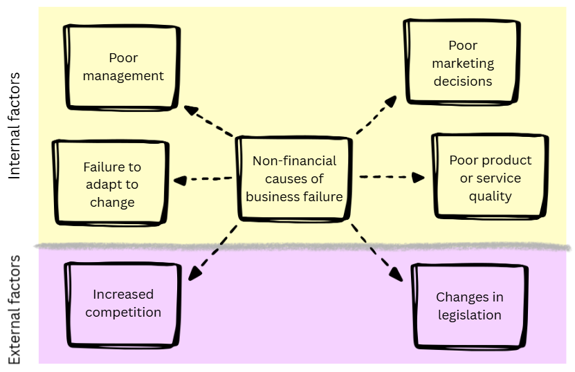 Diagram of internal and external non-financial causes of business failure, including poor management, weak marketing, low quality, competition and law changes