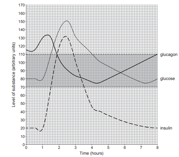 [Figure: line graph, x-axis "Time (hours)" 0 to 8, y-axis "Level of substance (arbitrary units)" 0 to 170; three lines plotted for glucose, insulin and glucagon, with glucose and insulin fluctuating together between roughly 70 and 110 arbitrary units, and glucagon rising during the 1st hour then falling as glucose/insulin rise after a meal]