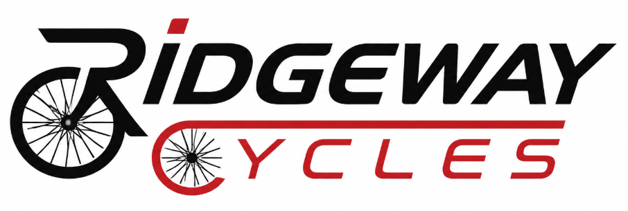 Ridgeway Cycles logo with stylised black and red text, featuring bicycle wheels forming the letter R and the O in the word Cycles