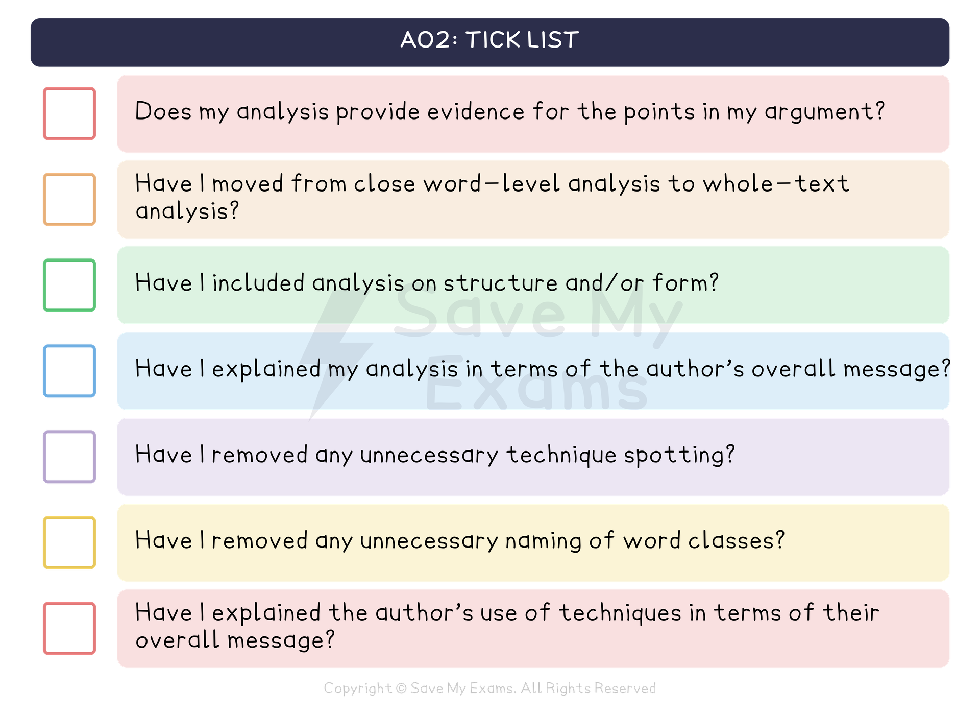 AO2 tick list for the AQA GCSE English Literature essay (analysing the writer's craft), with a tick box beside each question: Does my analysis provide evidence for the points in my argument? Have I moved from close word-level analysis to whole-text analysis? Have I included analysis on structure and/or form? Have I explained my analysis in terms of the author’s overall message? Have I removed any unnecessary technique spotting? Have I removed any unnecessary naming of word classes? Have I explained the author’s use of techniques in terms of their overall message?