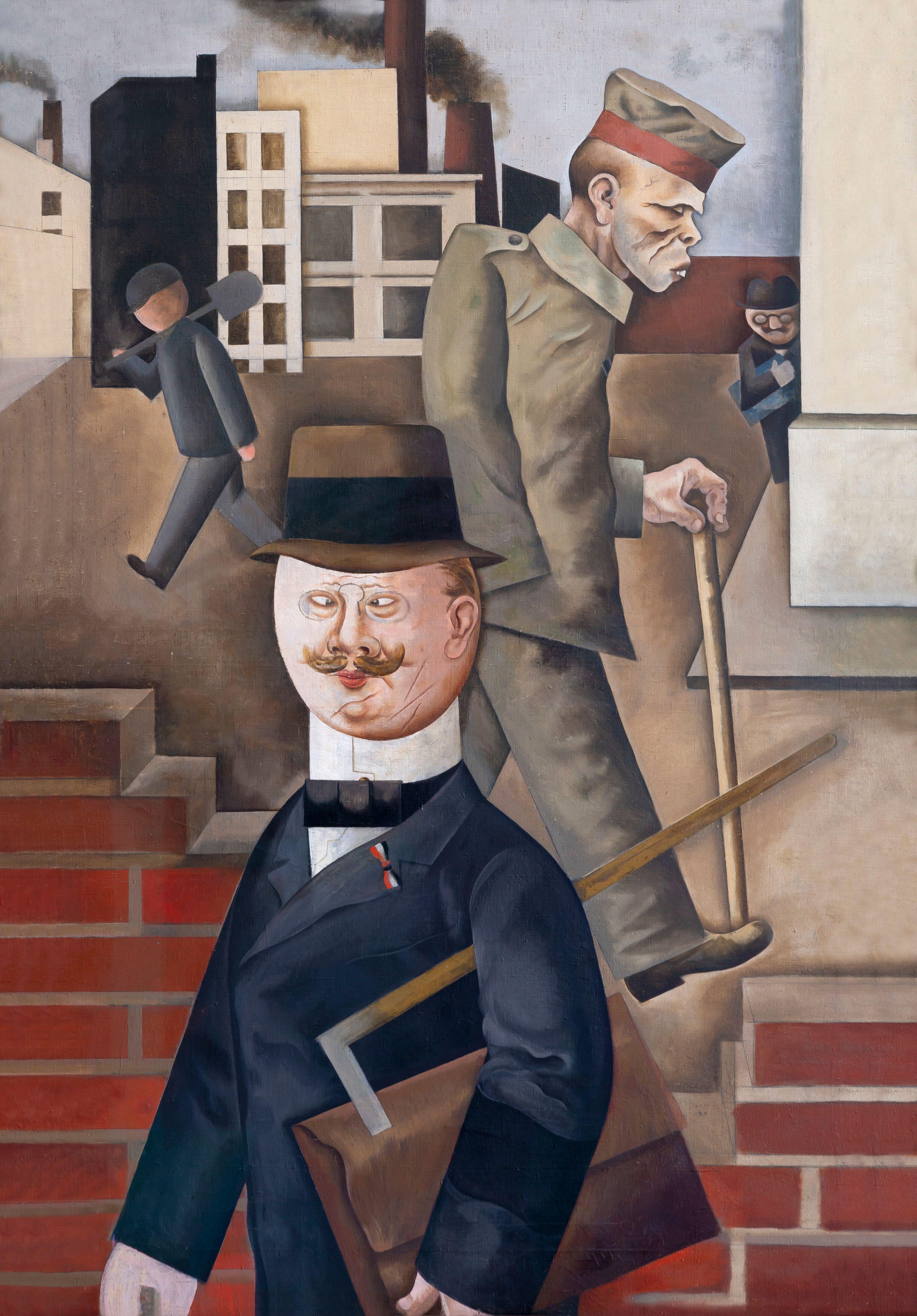 Stylised painting of a cheerful businessman and a grim injured soldier on city steps, with workers, factories and smokestacks in the background.