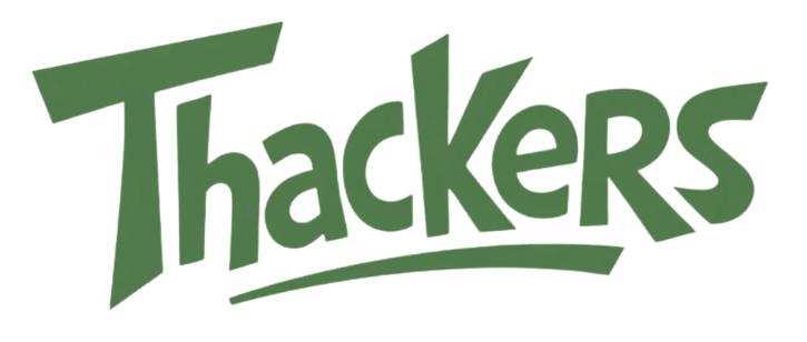 Green stylised logo reading “Thackers” in playful, bold lettering with a curved underline beneath the word