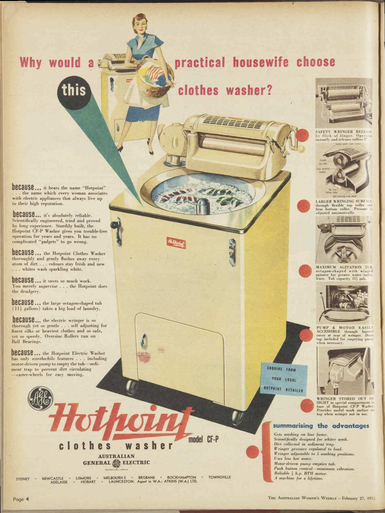 Advertisement showing a woman beside a Hotpoint washing machine