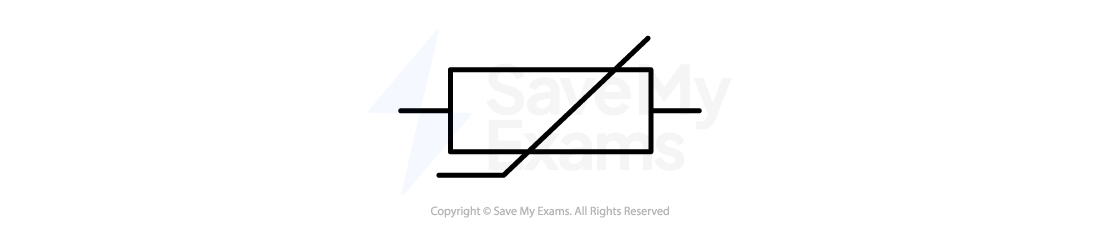 Circuit diagram symbol of a variable resistor, showing a rectangle with connecting leads and a diagonal arrow indicating adjustable resistance