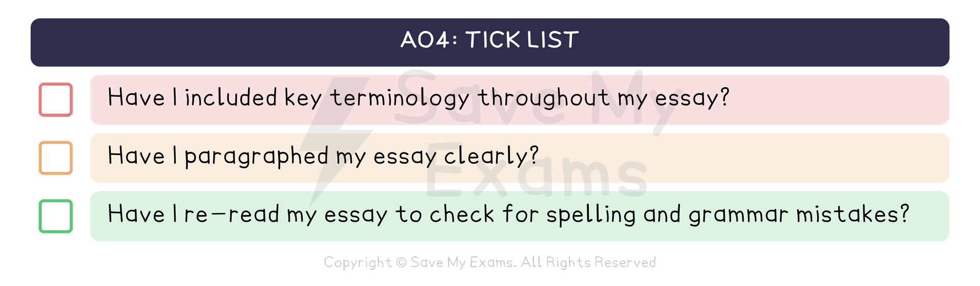 AO4 tick list for the AQA GCSE English Literature essay (using spag effectively), with a tick box beside each question: Have I included key terminology throughout my essay? Have I paragraphed my essay clearly? Have I re-read my essay to check for spelling and grammar mistakes?