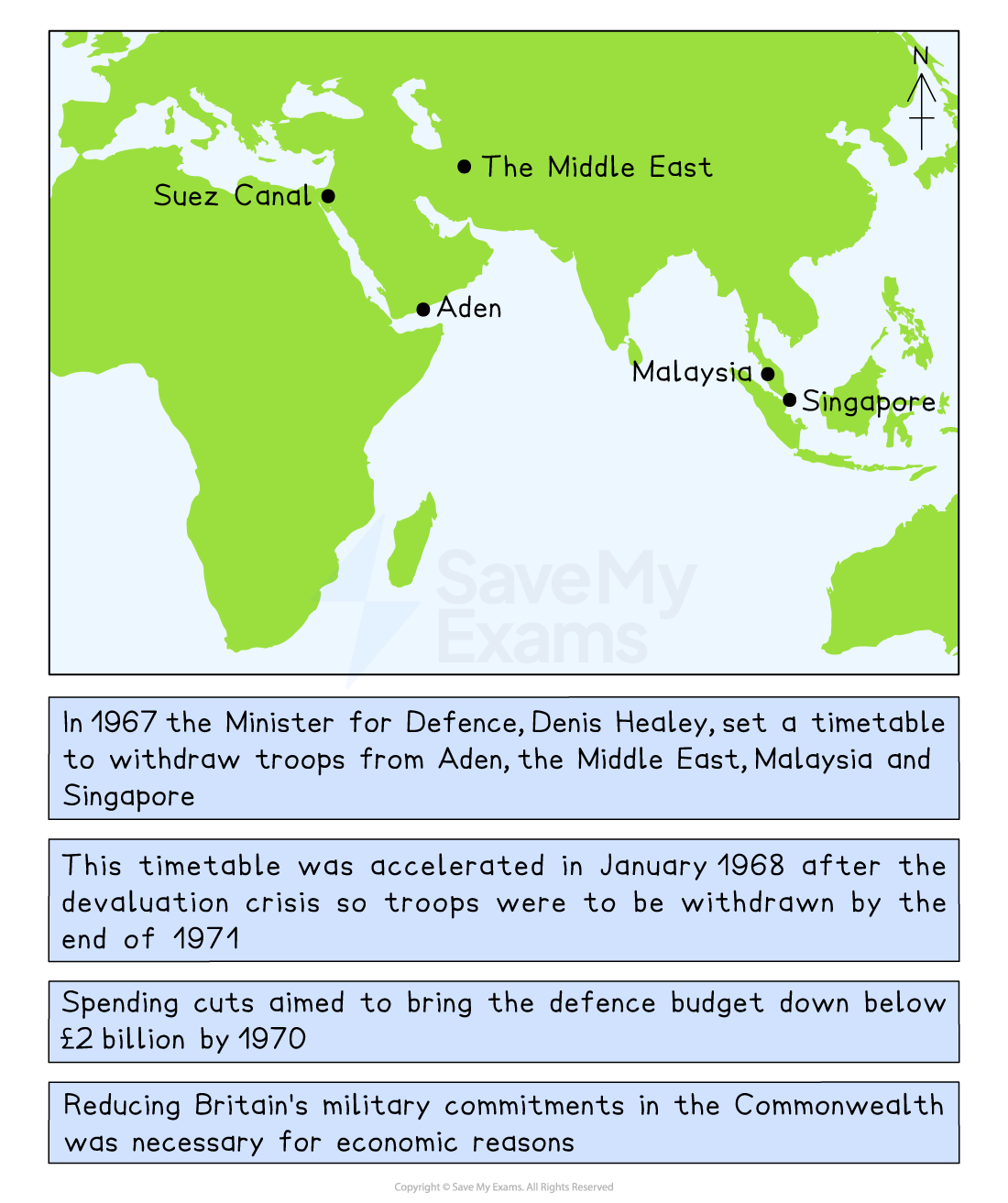 Map showing Britain’s planned troop withdrawals from Aden, the Middle East, Malaysia and Singapore in 1967–71, with text explaining cuts for economic reasons