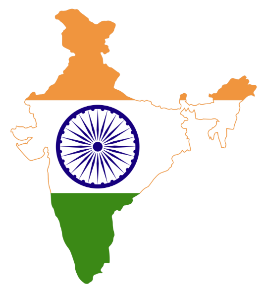 Outline map of India filled with tricolour flag bands and a blue Ashoka Chakra wheel in the centre on a white background