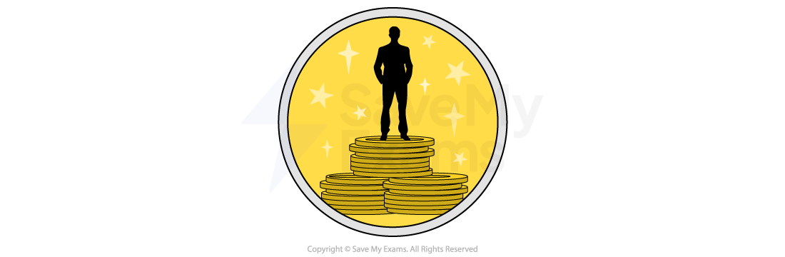 Silhouette of a person standing confidently on a stack of gold coins against a yellow background with stars, suggesting wealth, success and achievement