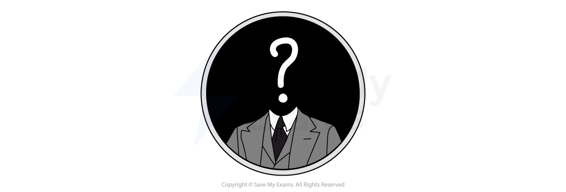 Illustration of a headless person in a grey suit inside a black circle, with a large white question mark where the head should be, symbolising anonymity