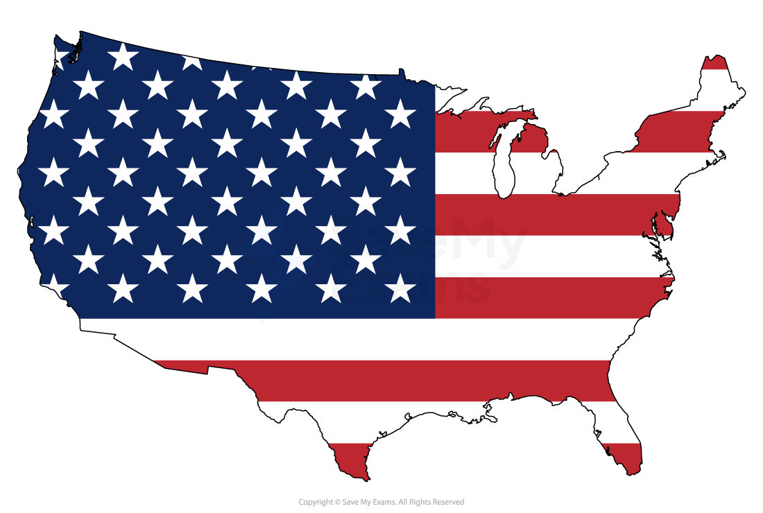 Silhouette map of the United States filled with the American flag’s stars and red and white stripes on a plain white background