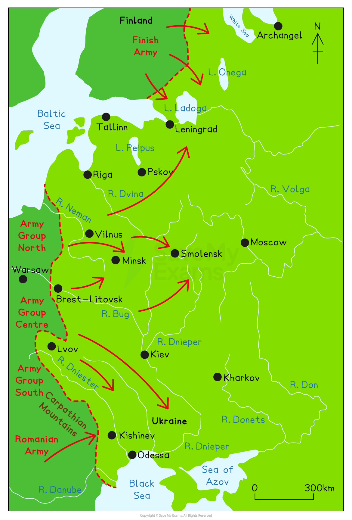 Map of Operation Barbarossa, showing German and Finnish army groups invading the USSR in 1941 with red arrows towards Leningrad, Moscow and Ukraine