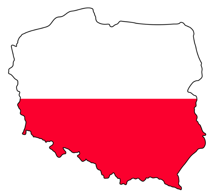 Outline map of Poland filled with the national flag, showing white upper half and red lower half in horizontal bands
