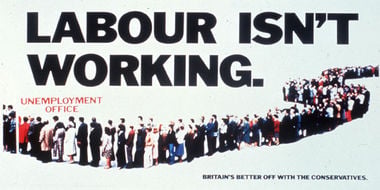 Conservative 1978 election poster by Saatchi and Saatchi: a long queue outside an “UNEMPLOYMENT OFFICE” beneath “LABOUR ISN’T WORKING”, with the slogan “BRITAIN’S BETTER OFF WITH THE CONSERVATIVES”.