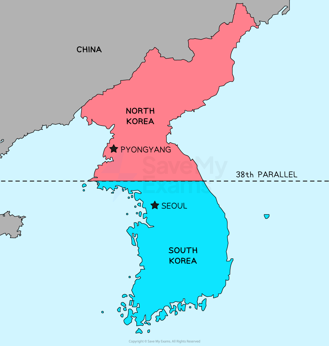 Map of the Korean peninsula showing North Korea and South Korea divided by the 38th parallel, with capitals Pyongyang and Seoul marked.