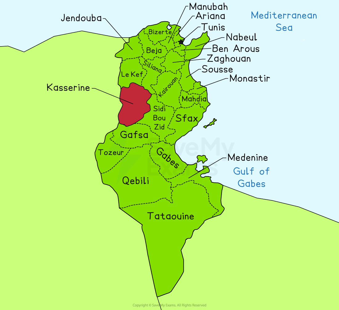 Colourful map of Tunisia’s governorates, with the inland Kasserine region highlighted in red and neighbouring regions, seas and gulfs labelled in green and blue