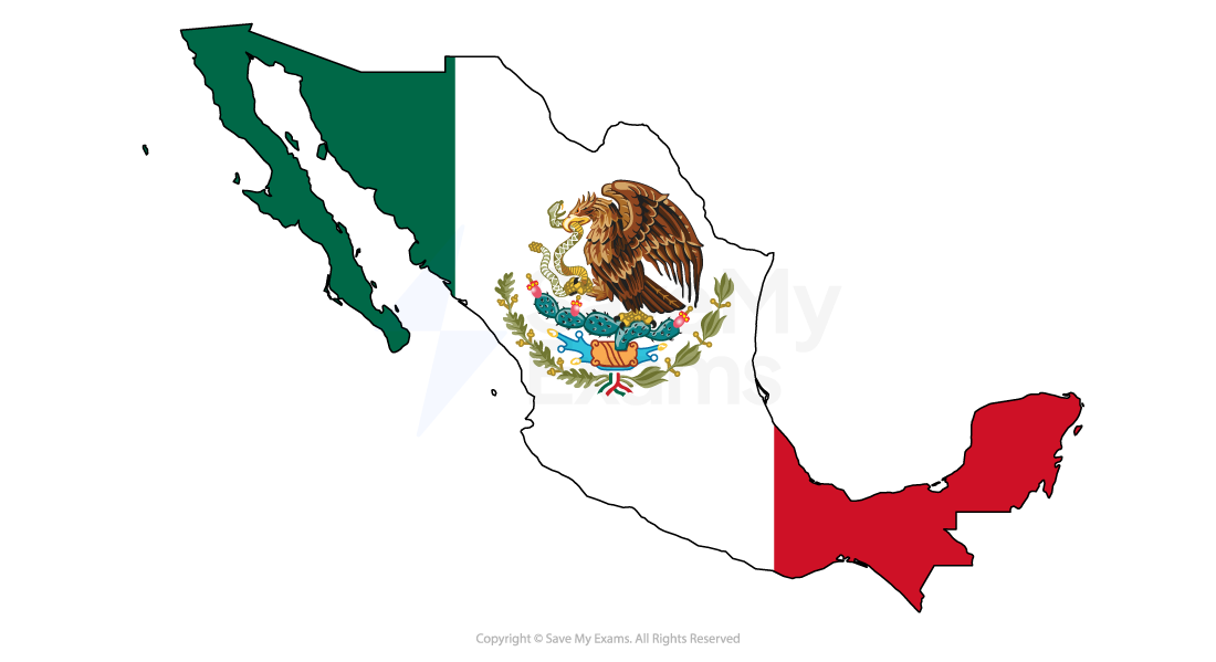 Map outline of Mexico filled with the national flag, showing green, white and red vertical stripes with the eagle and serpent coat of arms in the centre