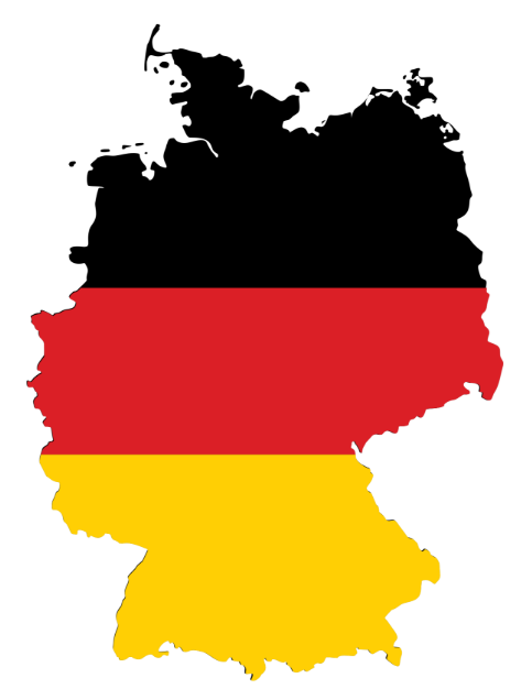Map outline of Germany filled with the national flag’s horizontal black, red and gold stripes on a white background