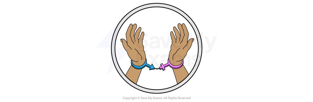 Illustration of two raised hands in blue and pink broken handcuffs inside a circle, symbolising gender roles and restriction