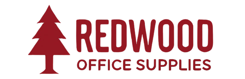 Redwood Office Supplies logo with a red stylised pine tree icon to the left of the company name in bold red text on a white background