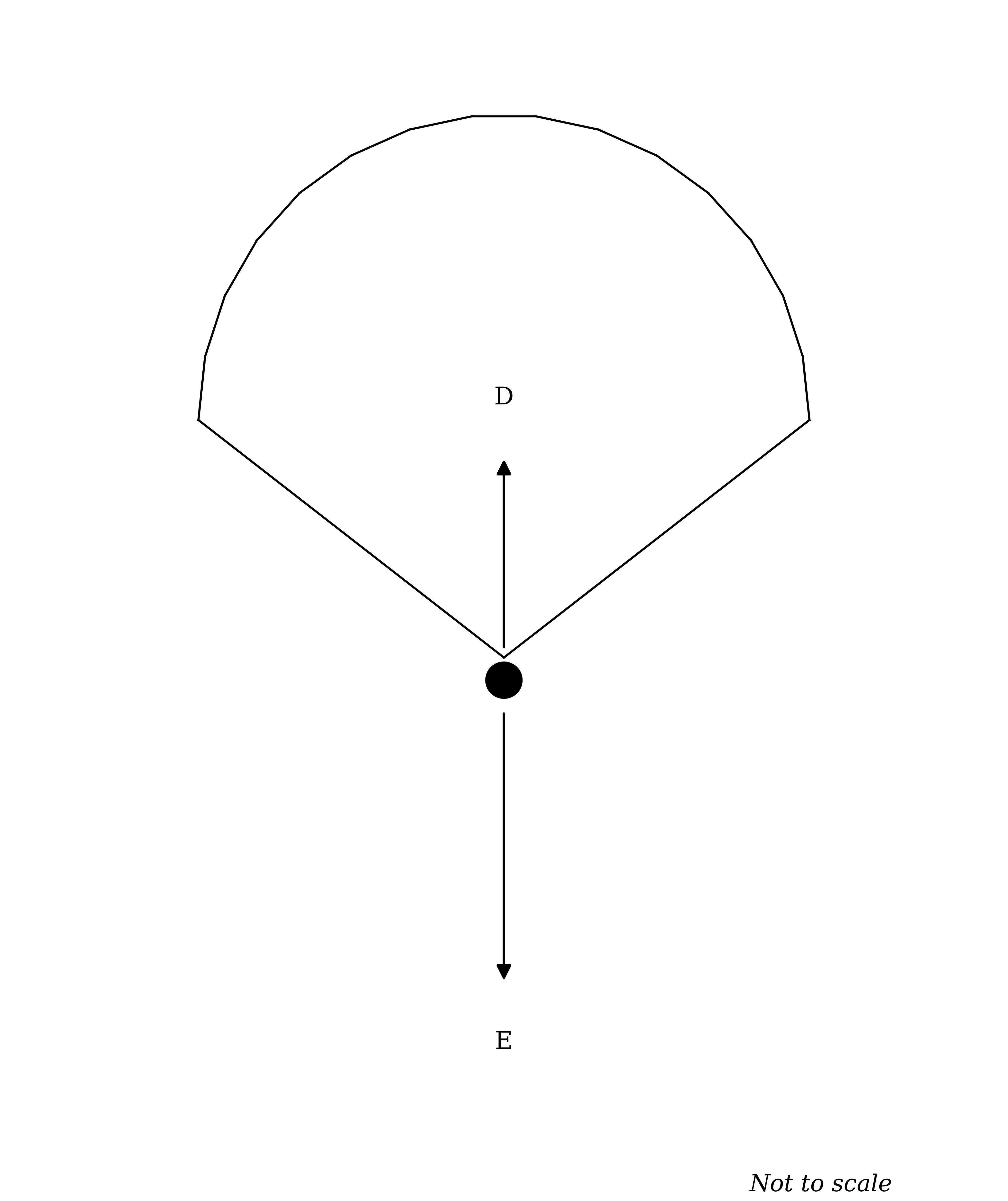 A particle descending below an open parachute canopy. Arrow D points vertically upwards and arrow E points vertically downwards