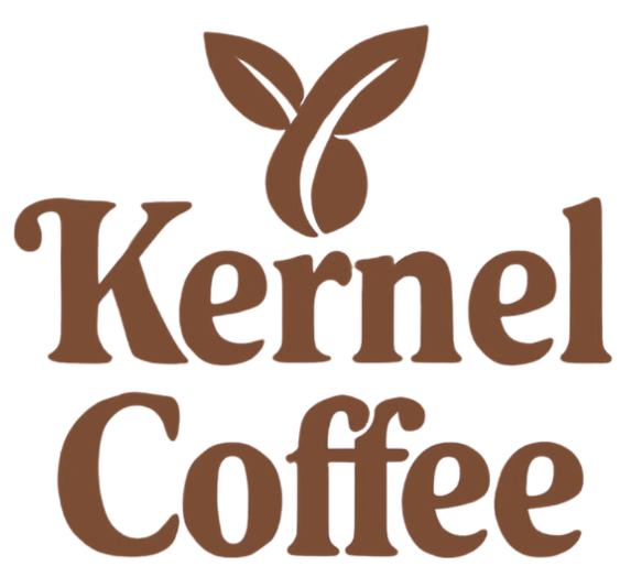 Kernel Coffee logo in brown with stylised coffee bean and two leaves above the brand name in bold, rounded serif lettering