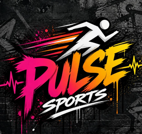 Pulse Sports graffiti-style logo with a white running figure, bright pink and orange paint streaks, and heartbeat lines on a dark textured background