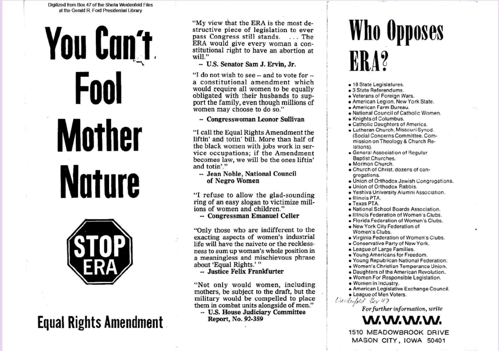 Black-and-white 1970s anti–Equal Rights Amendment leaflet reading “You Can’t Fool Mother Nature” and “Who Opposes ERA?” with quotes and supporting groups list