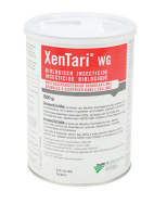 White plastic container of XenTari WG biological insecticide with red label, showing product information and instructions in multiple languages