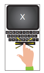 Child’s hand pressing the X key on a cartoon keyboard, matching the large letter X displayed on a computer screen above
