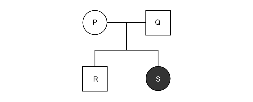 Family pedigree diagram showing two generations. In the upper generation an unshaded circle labelled P is joined by a horizontal line to an unshaded square labelled Q. A vertical line drops from the centre of that line to a horizontal sibling line in the lower generation, which links their two children: an unshaded square labelled R on the left and a fully shaded circle labelled S on the right.