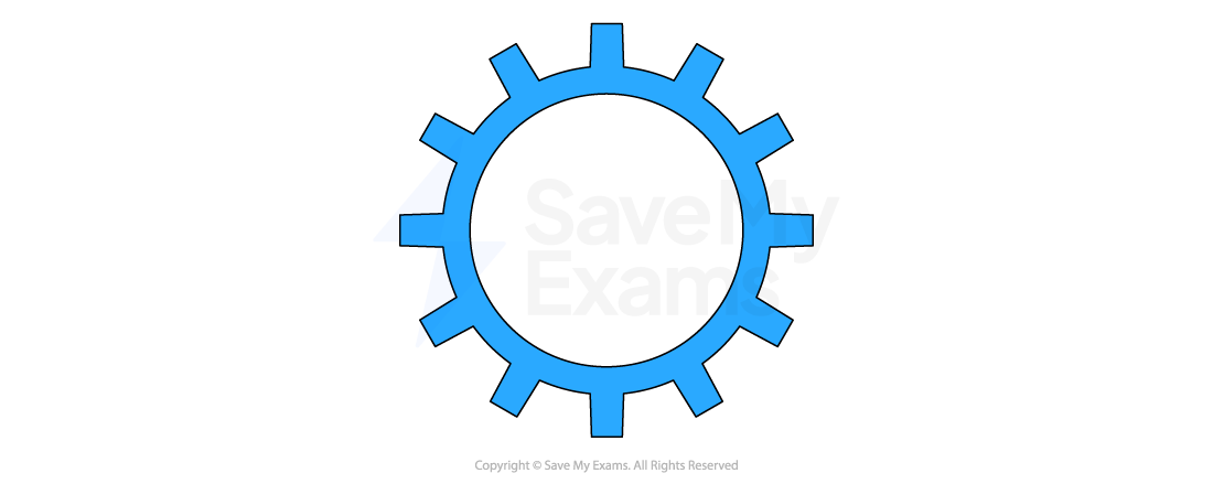 Simple blue gear icon with a circular centre and evenly spaced rectangular teeth around the edge on a plain white background