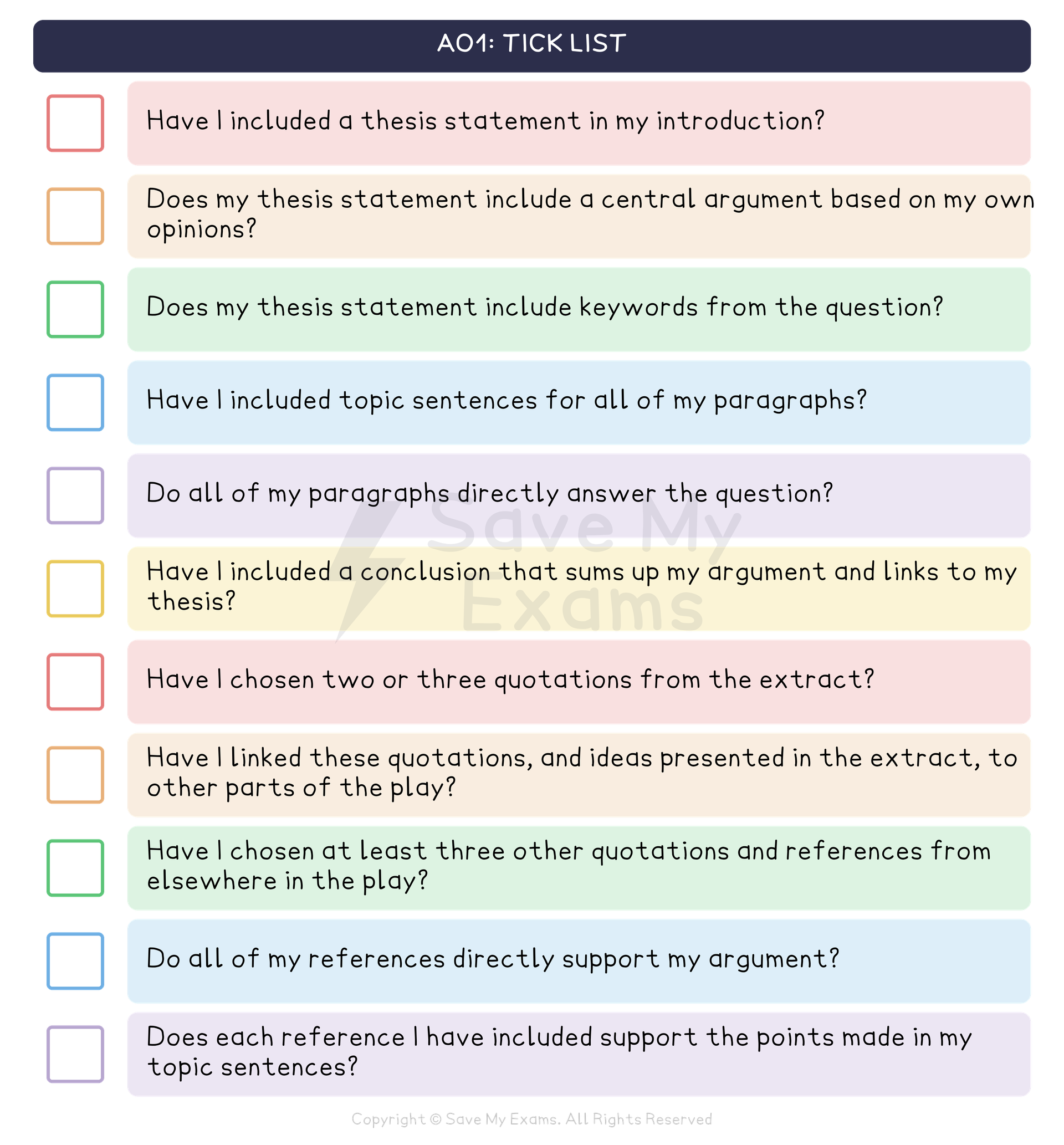 AO1 tick list for the AQA GCSE English Literature essay (answering the question and using evidence), with a tick box beside each question: Have I included a thesis statement in my introduction? Does my thesis statement include a central argument based on my own opinions? Does my thesis statement include keywords from the question? Have I included topic sentences for all of my paragraphs? Do all of my paragraphs directly answer the question? Have I included a conclusion that sums up my argument and links to my thesis? Have I chosen two or three quotations from the extract? Have I linked these quotations, and ideas presented in the extract, to other parts of the play? Have I chosen at least three other quotations and references from elsewhere in the play? Do all of my references directly support my argument? Does each reference I have included support the points made in my topic sentences?