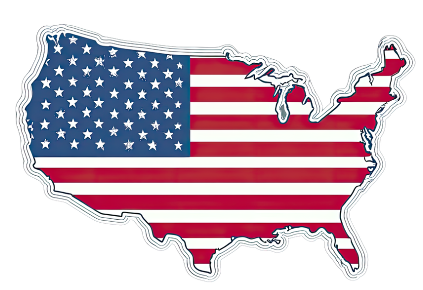 Silhouette map of the United States filled with the American flag’s stars and red and white stripes on a plain white background