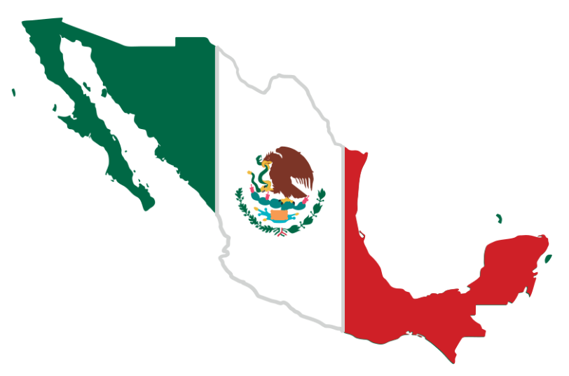 Map outline of Mexico filled with the national flag, showing green, white and red vertical stripes with the eagle and serpent coat of arms in the centre