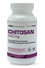 White plastic bottle of HSNessentials Health Series Chitosan 500 mg capsules, 120-count food supplement, with purple and grey label design