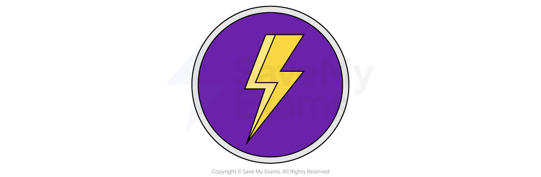 Purple circular badge with a bold yellow lightning bolt symbol in the centre, outlined in black and bordered by a thin grey ring on a white background