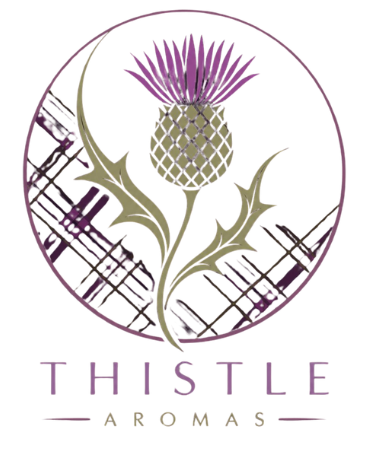 Logo for “Thistle Aromas” featuring a stylised purple thistle within an oval frame over abstract lines in muted green and purple tones