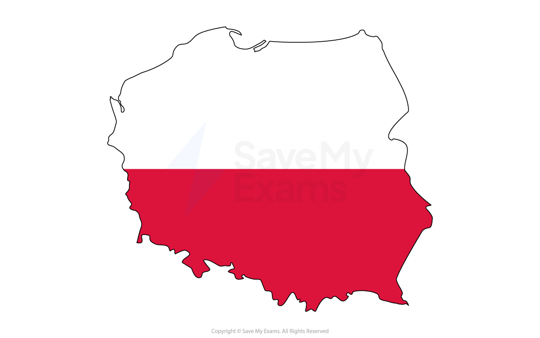 Outline map of Poland filled with the national flag, showing white upper half and red lower half in horizontal bands