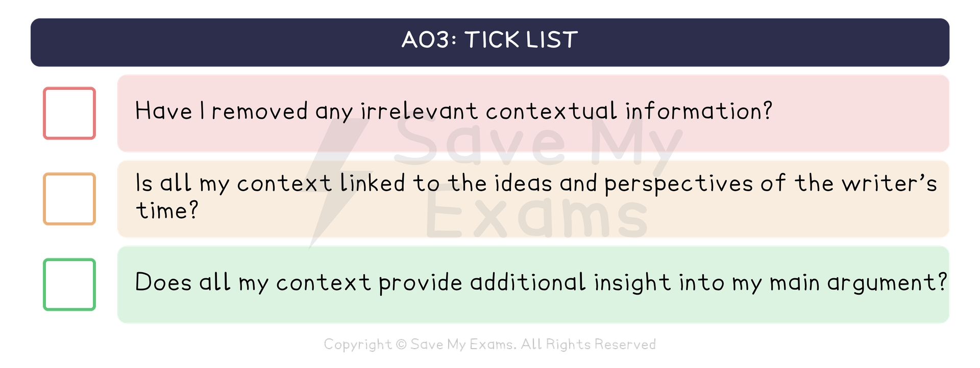 AO3 tick list for the AQA GCSE English Literature essay (incorporating context and ideas), with a tick box beside each question: Have I removed any irrelevant contextual information? Is all my context linked to the ideas and perspectives of the writer’s time? Does all my context provide additional insight into my main argument?