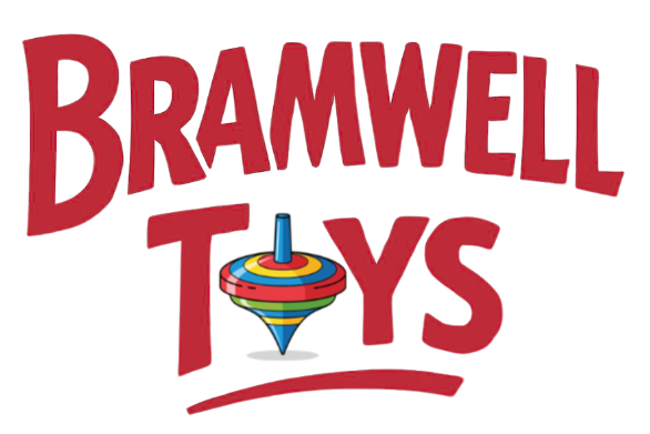 Bramwell Toys logo with bold red text and a colourful spinning top forming the letter O, above a red underline on a white background