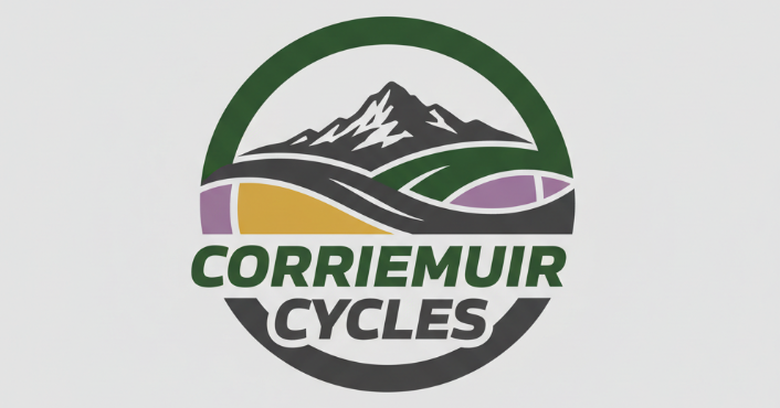 CorrieMuir Cycles logo with stylised mountain and rolling hills in green, gold and purple, framed by a circular border on a light grey background
