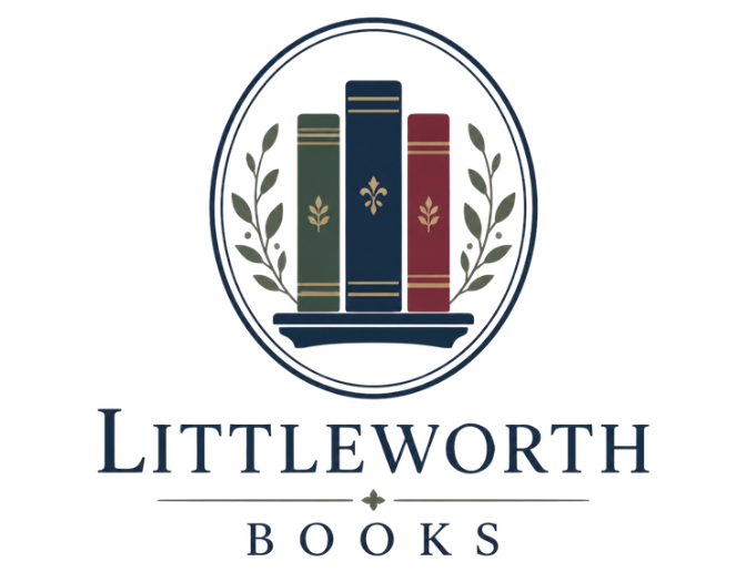 Logo for Littleworth Books showing three upright books with leaf motifs framed by an oval wreath, with the company name written below in serif typeface
