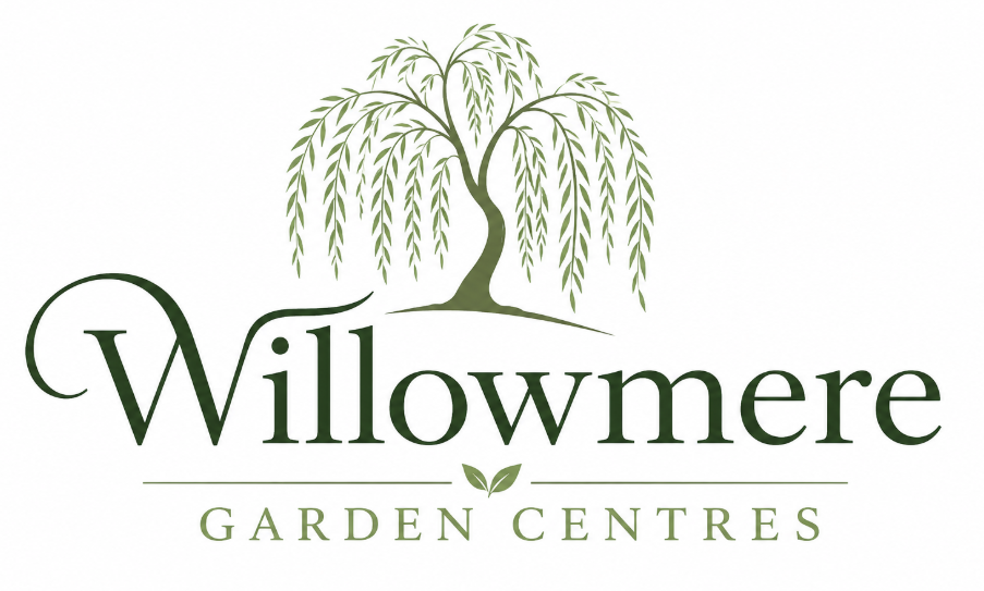 Willowmere Garden Centres logo with stylised green willow tree above elegant dark green text and small leaf motif between horizontal lines