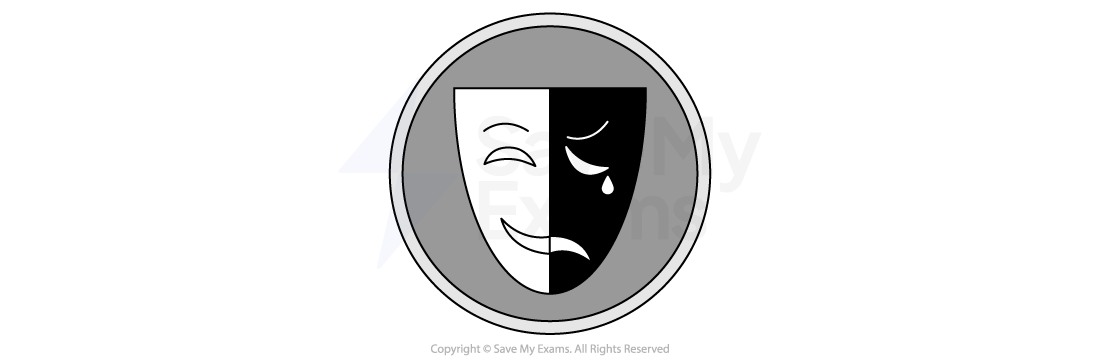 Black and white theatre mask in a grey circle, showing a smiling half and a sad, tearful half to contrast comedy and tragedy
