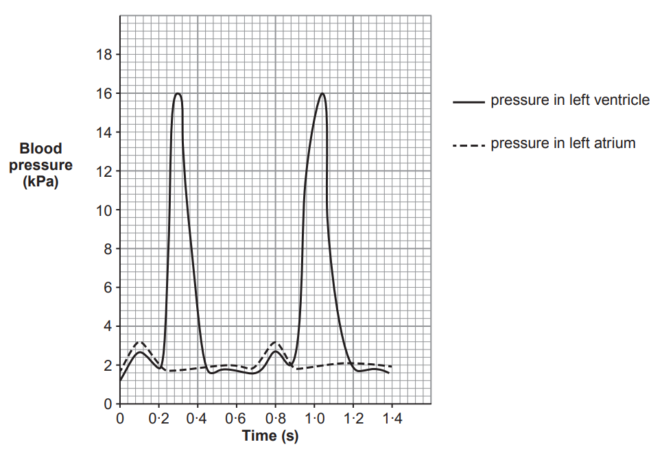 [Figure: Chart plotting blood pressure (kPa, y-axis 0-1.4) against time (s, x-axis 0-18), showing two traces: pressure in the left ventricle (large peak) and pressure in the left atrium (small peak)]